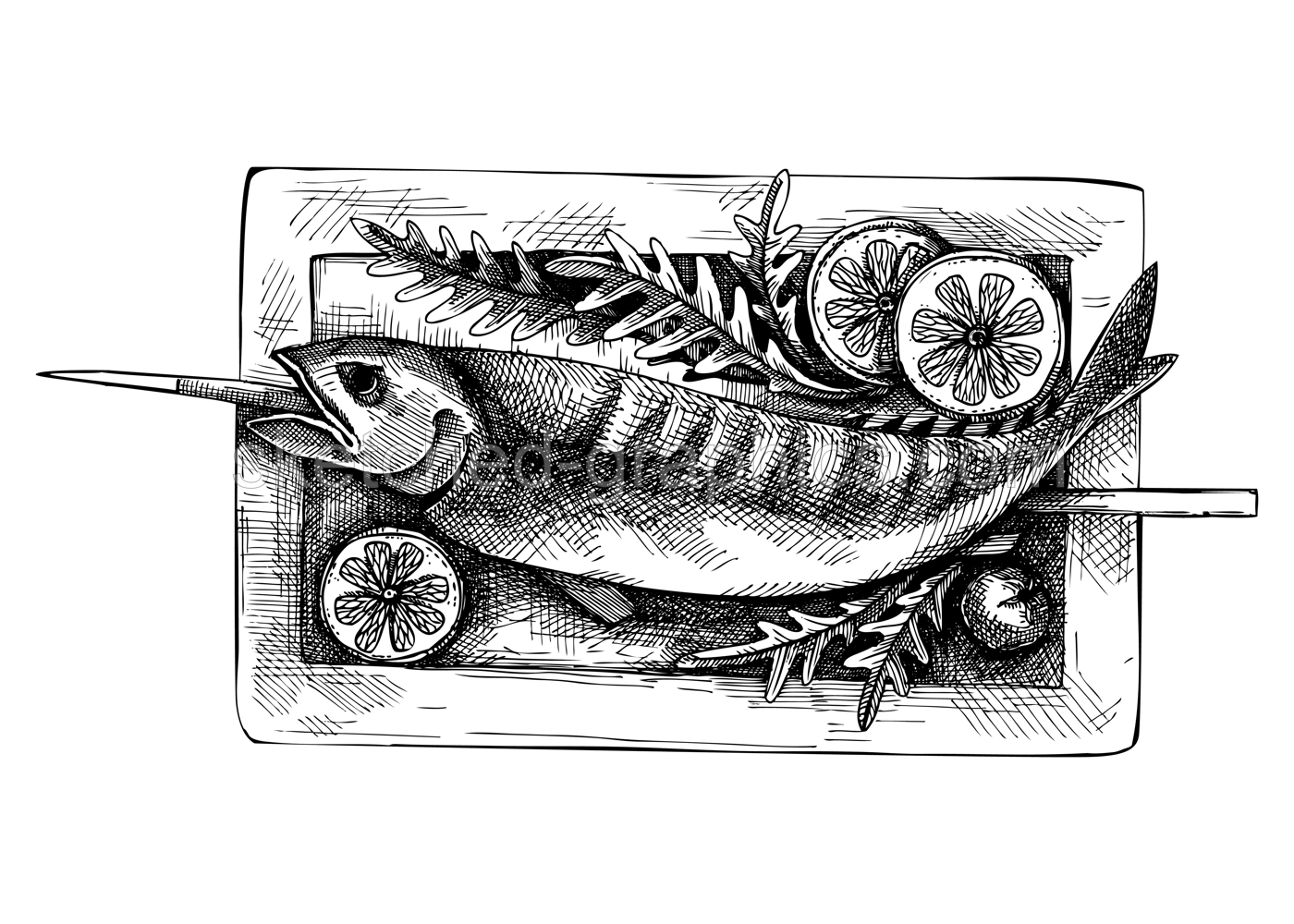 Grilled fish on a stick vintage drawing. German food sketch. Oktoberfest menu design. Hand-drawn food illustration for Octoberfest. Traditional German festival cuisine meal. Grilled fish Illustration